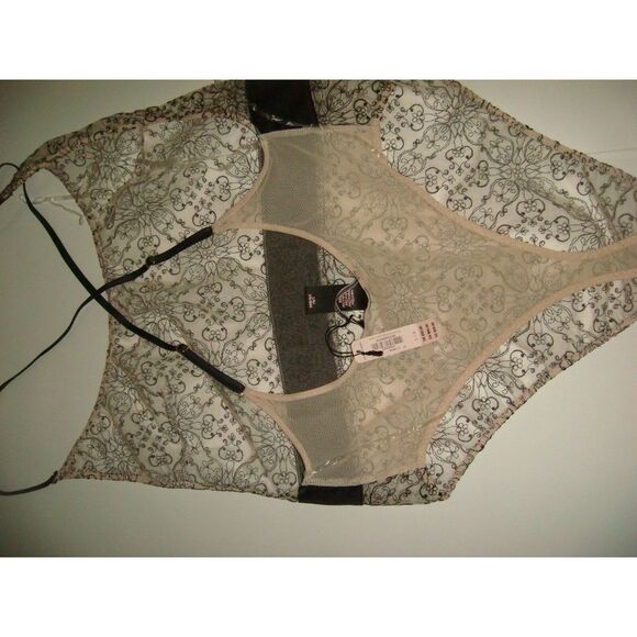 NWT Victoria's Secret 32B,32C CORSET+TEDDY+thong+BUSTIER EMBROIDERED Black Beige - Picture 11 of 15